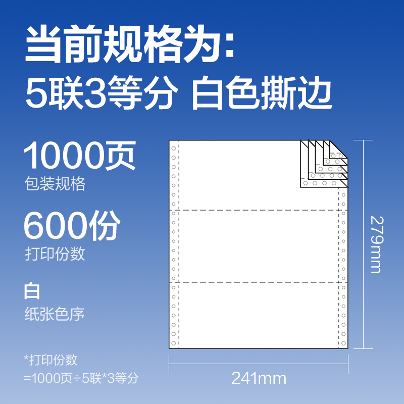 s36沙龙会莱茵河L241-5电脑打印纸(1/3S白色撕边)(1000页/盒)